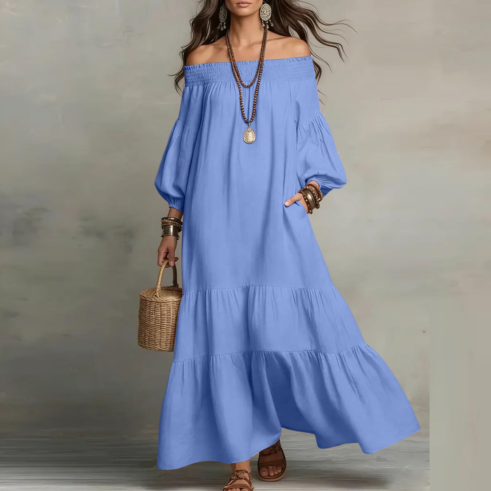 Sommerkleider für Damen 2026 Schulterfrei Lässige Kleider für Damen Locker sitzend Midi-Kleider für Damen Abschlusskleid XL blau
