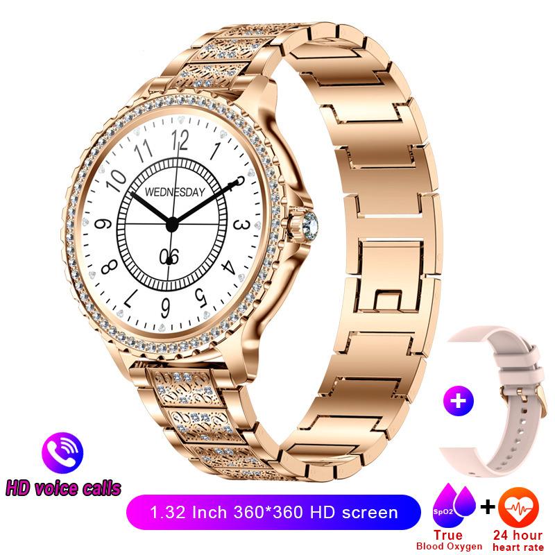 2025 Mode Luxus Gold Damen Smartwatch Herzfrequenz Blutsauerstoff Schlafüberwachung Diamantarmband Bluetooth-Anruf Smartwatch Damen Steel belt gold