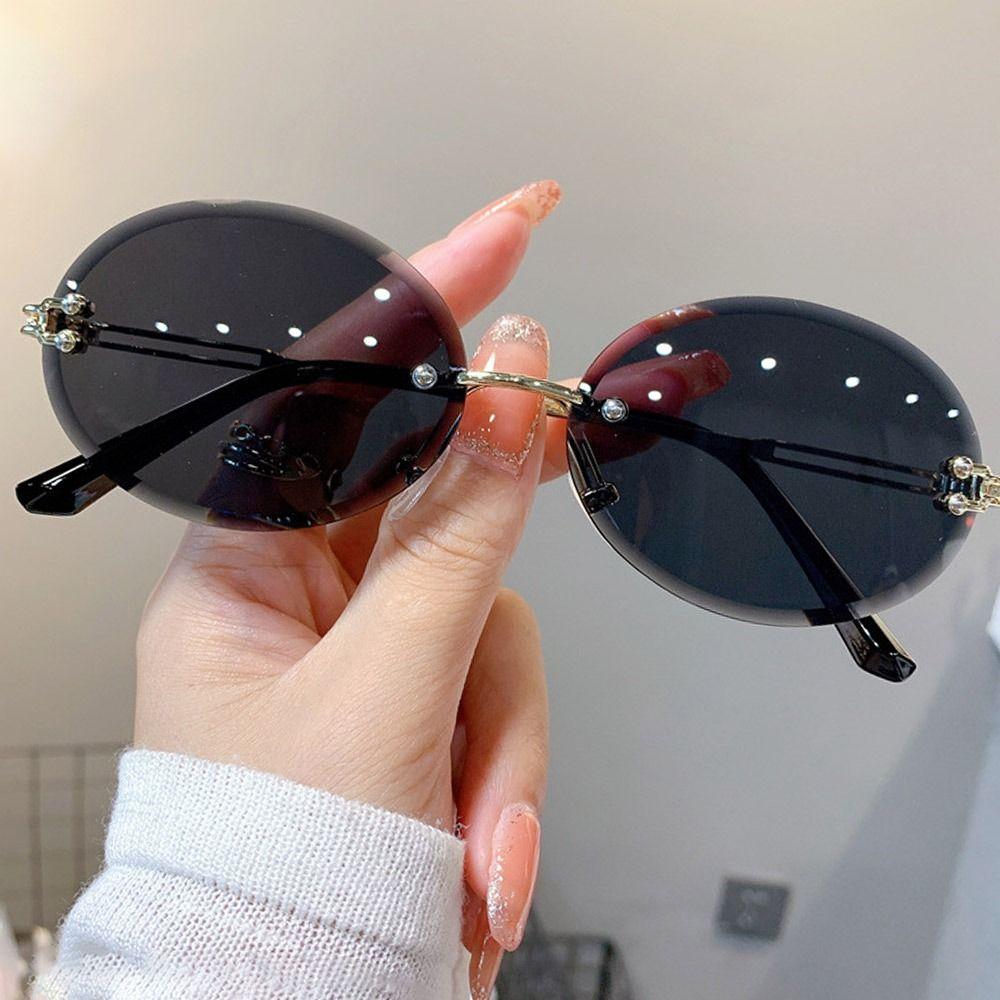 Ovale Sonnenbrille aus Metall, Vintage, Verlaufsgläser, UV400-Schutz, Punk-Sonnenbrille, randlose, rahmenlose Sonnenbrille für Damen und Herren Black black