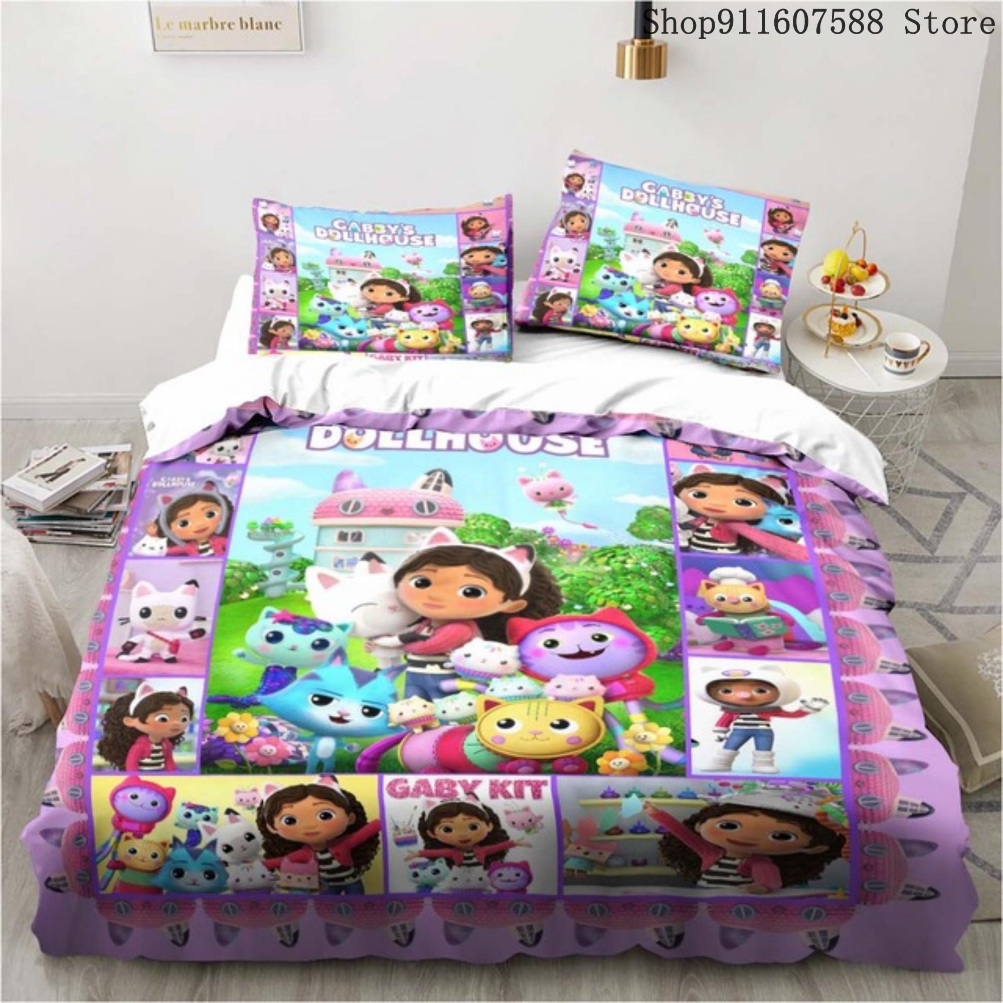 Gabbys Puppenhaus Bettwäscheset Kawaii Bettwäscheset Einzel-Doppelgröße Heimdeko für Mädchen Kinder Cartoon Niedliche Katze Bettbezugset AU King 240x210cm