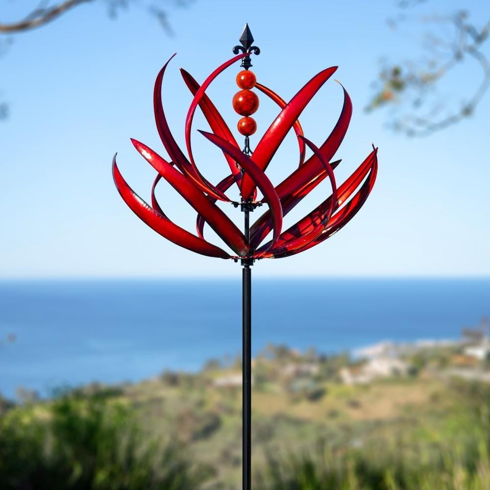 Extra große Windräder für draußen – Windskulpturen aus Metall für draußen mit Pfahl, Windmühlen für den Garten im Hof, Hofkunst, Garten-Rasendekoration rot