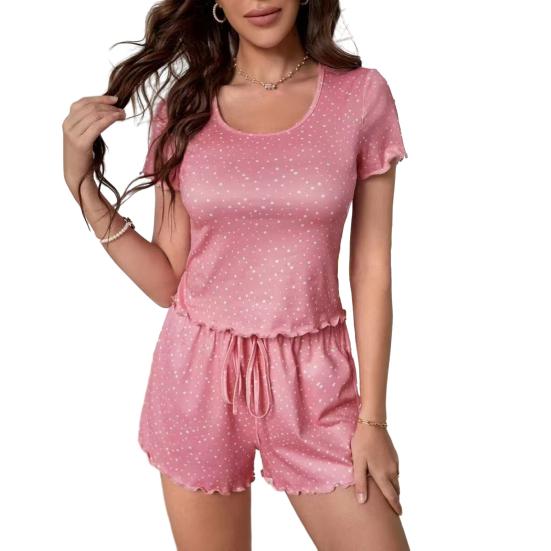 Damen-Pyjama-Set, kurzärmelig, Rundhalsausschnitt, Oberteil, elastische Taille, Kordelzug, Shorts mit Rüschen, Lounge-Set, 2-teiliges Nachtwäsche-Set für den Sommer M rosa