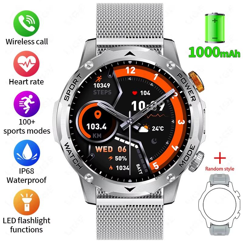 2025 Neue Militärische Edition Smartwatch Herren 1000mAh Akku 1,7-Zoll AMOLED HD Display Bluetooth Anruf Uhr Smartwatch LED Taschenlampe Mesh belt grau