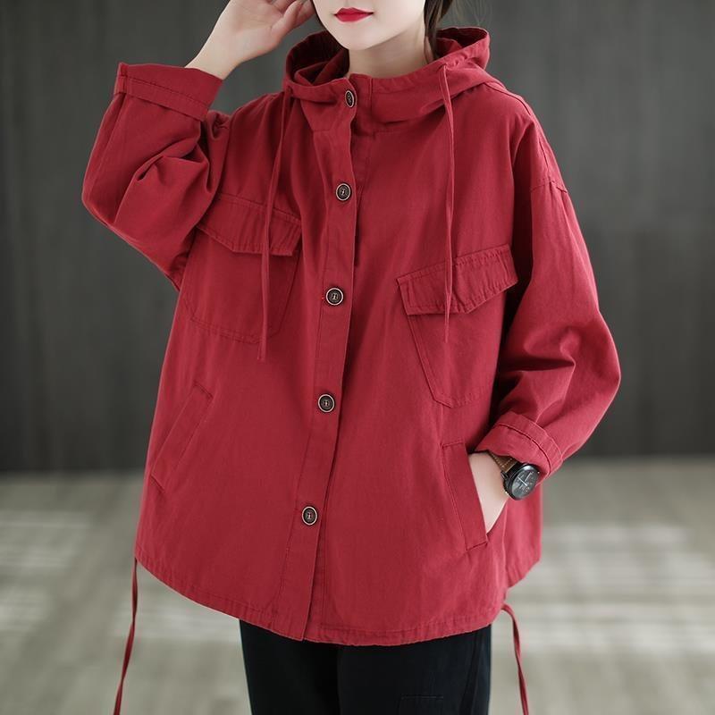 Plus Size Übergröße Jacken Damen Frühling Kapuzenjacke Baumwolle Schwarz Mantel Mantel Mode Rot Schwarz XXL rot