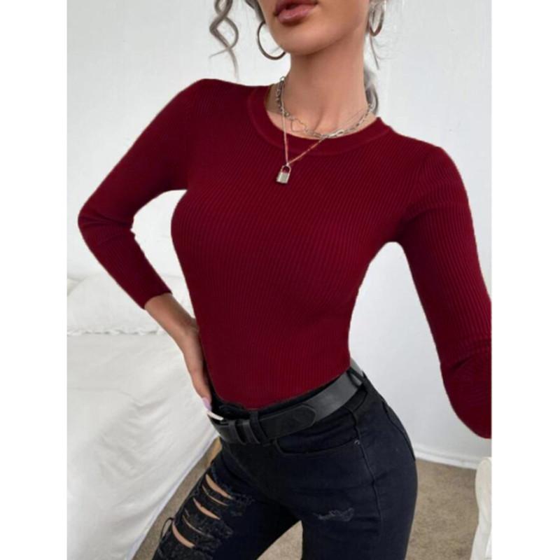 Herbst Winter Pullover Tops frauen Bodenbildung Pullover Mode Langarm Bluse Rippen Gestrickte Casual Jumper Pullover M wein rot