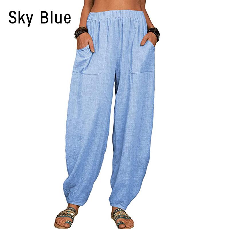 Frauen Vintage Harem Hosen Beiläufige Lose Feste Elastische Taille Baumwolle Leinen Breite Bein Hosen Sommer Unregelmäßige Hosen 4XL himmelblaue