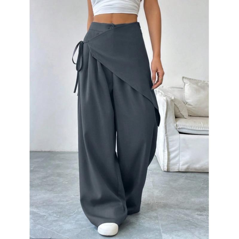 Unregelmäßige lockere Schnüranzughose für Damen Neues Design Schlanke Weitbeinige Hose für Damen Büro Unifarbene Frühling Herbst Freizeit Büro Modehose XL schiefer grau