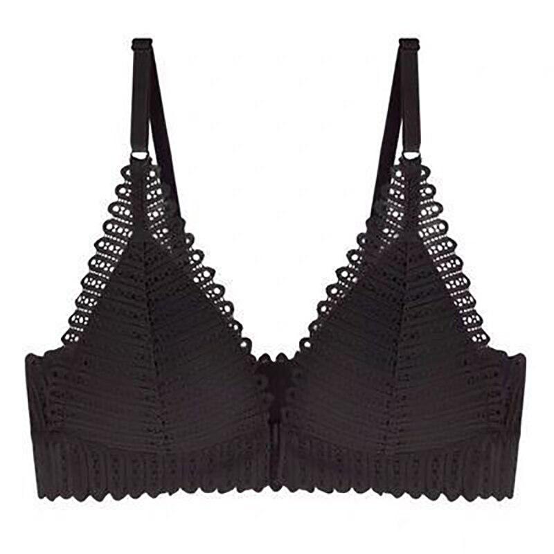 Spitze vorne Knopf Bralette Damen Unterwäsche Sexy rückenfreier BH ohne Knochen Push-Up-BH Dreieck dünne Dessous 75B schwarz