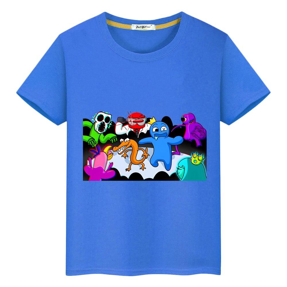 Rainbow Friends Süßes T-Shirt für Kinder, Jungen, 10 Jahre, Baumwolle, kurze Tops, Anime-T-Shirts, Jungen- und Mädchenkleidung, Sommer, lässige Kinderkleidung, Geschenk 120 blau