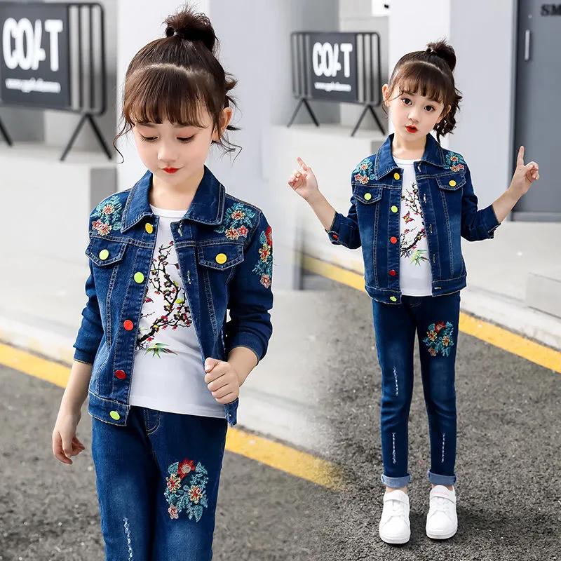 Kinder Mädchen Herbst Frühling Kleidung Set Baby Kinder Bestickte Kleidung Sets Mode Jeansjacke + Jeanshose 2-tlg. Anzug Set 140cm blau