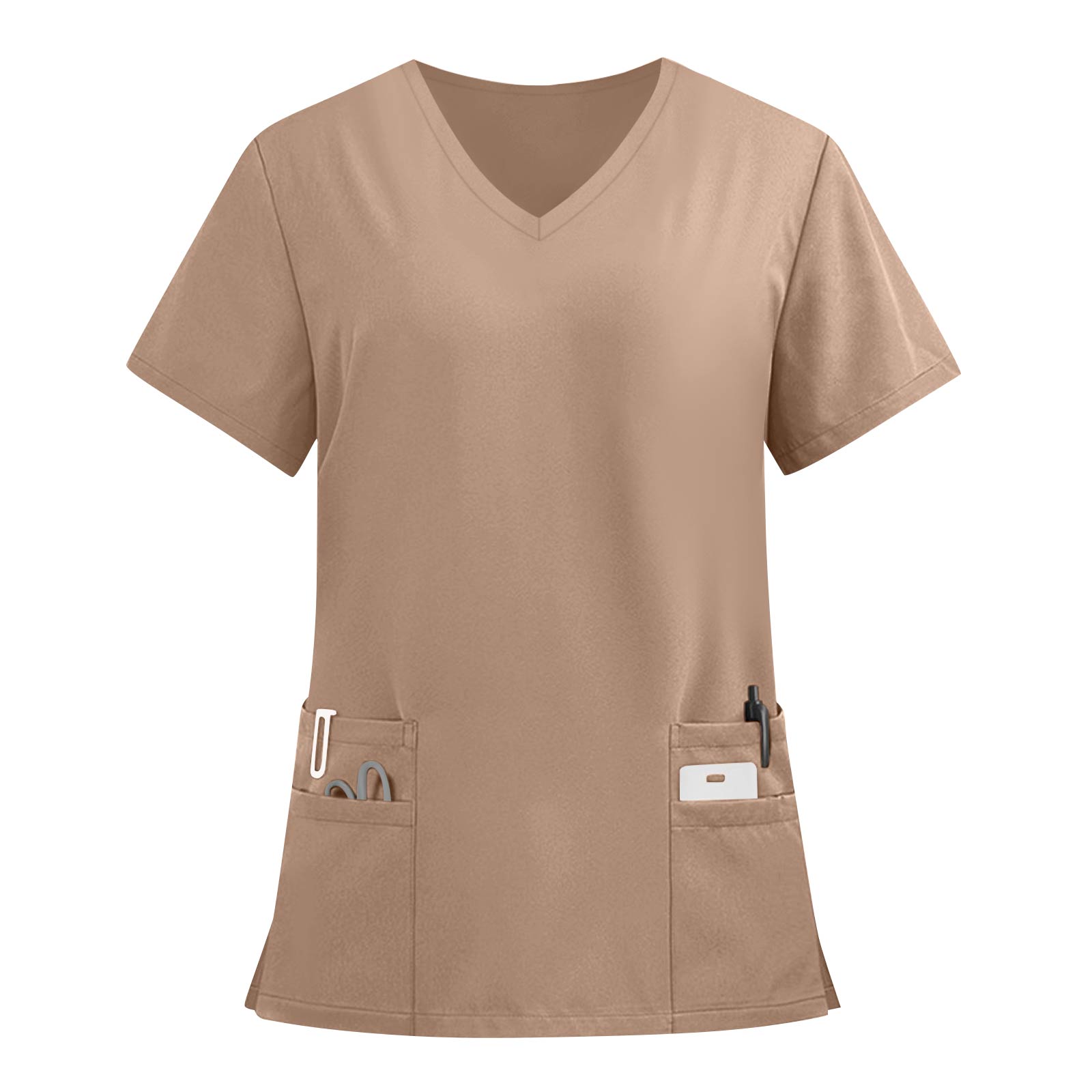 Damen V-Ausschnitt Kurzarm Kasack mit Mehreren Taschen Klassische Passform Stoff für Fachleute XXXL khaki
