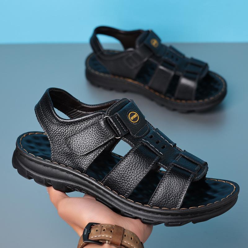 Mode Echtes Leder Herren Sandalen Männliche Sommerschuhe Outdoor Freizeit Sandale Rindsleder Strandschuhe Klassische Rutschfeste Herren Sandalen 38 schwarz