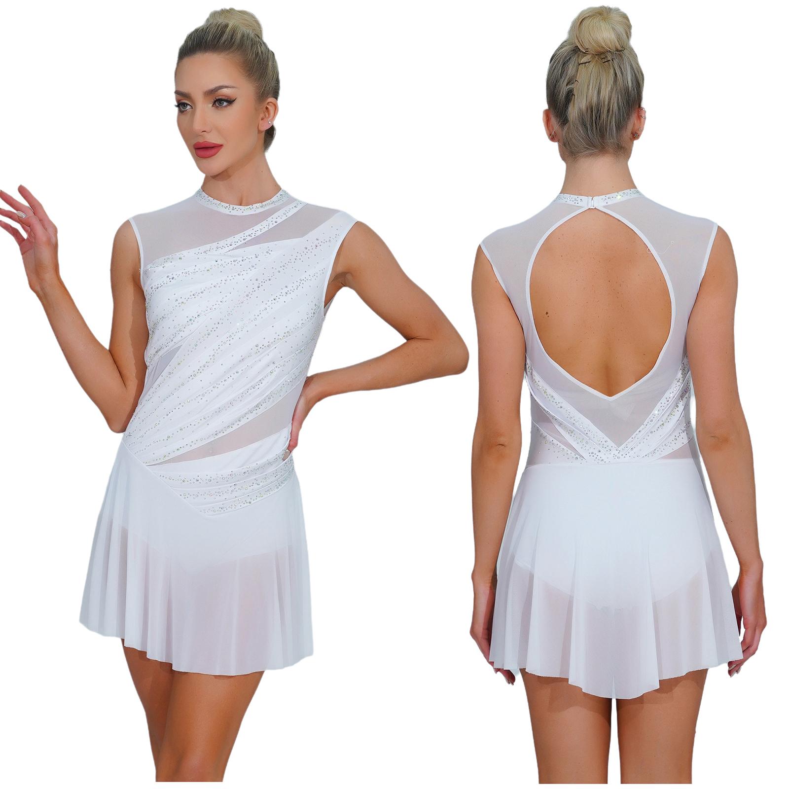 Damen Gymnastik Ballett Lyrischer Tanz Turnanzug Kleid Strassverziertes Mesh Rock Kleid Modernes Zeitgenössisches Tanzkostüm L weiß
