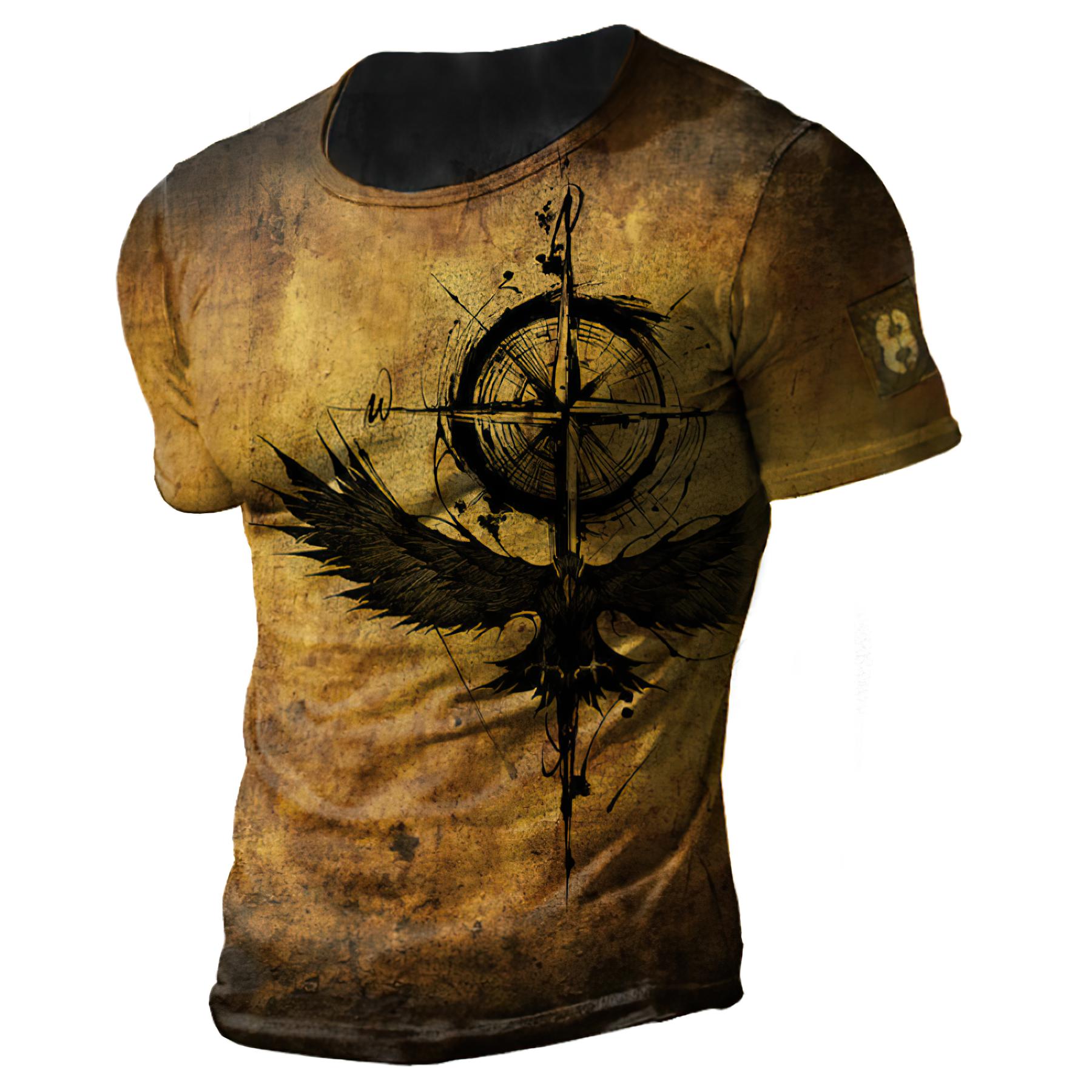 Vintage Herren T-Shirt Sommer Amerikanisches Hemd Tops Kompass Bedruckte Kurzarm-T-Shirts Lose Tägliche Herrenbekleidung Lässige Streetwear 2XL brown