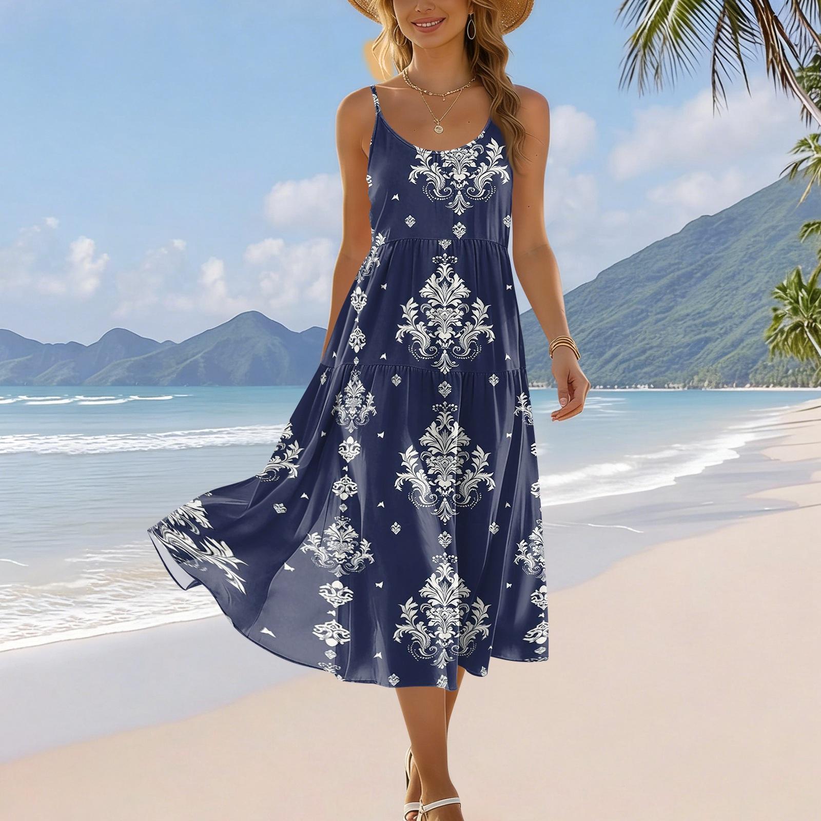 Sommerkleider für Damen 2026 Lässiges ärmelloses Sommerkleid Locker geschnitten Bedrucktes Strandkleid mit Tasche XXL dunkelblau