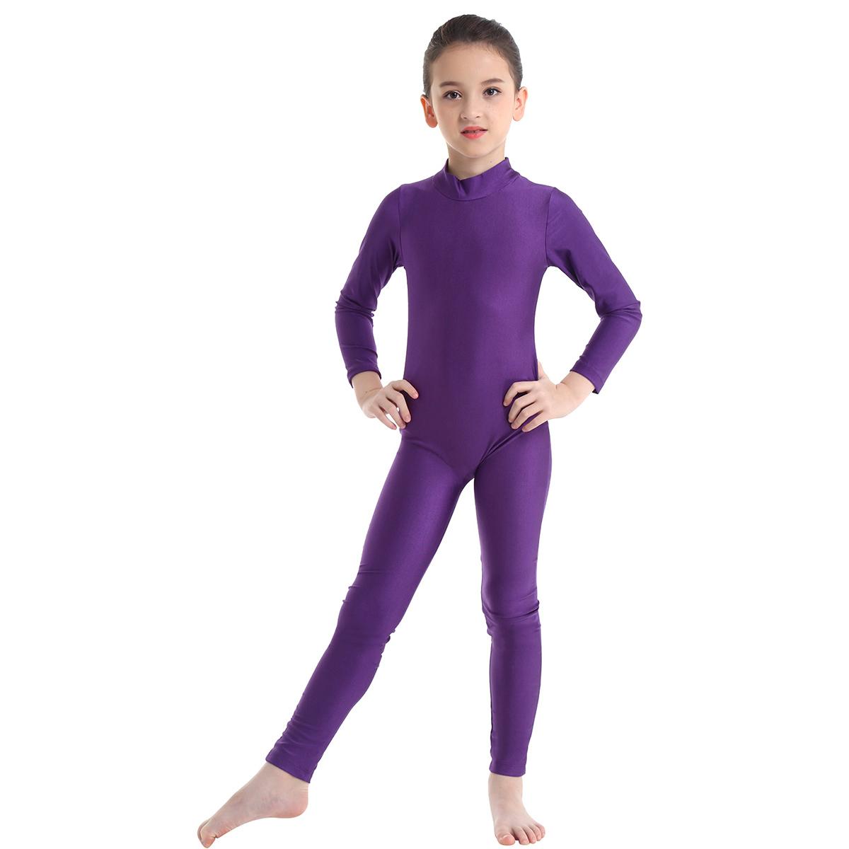 Langarm-Tanz-Gymnastik-Trikot für Kinder, Ganzanzug, Ganzkörper-Body, Catsuit, Tanzbekleidung, Kostüme 7-8 Years violett