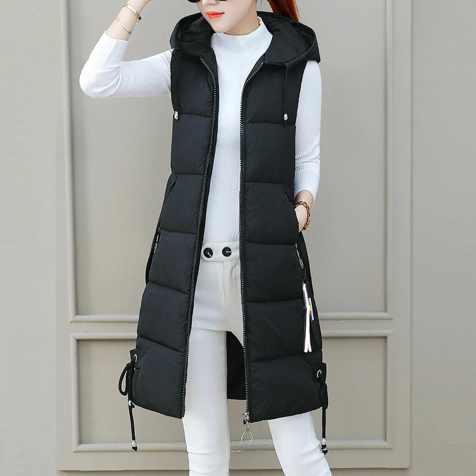 Herbst Neue Lange Mit Kapuze Warme Gepolsterte Mantel Frauen Winter Zipper Lose Ärmellose Weste Jacken Weibliche Streetwear 3XL