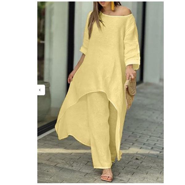 Sommer Damenmode Casual Baumwolle Leinen Anzug Unregelmäßige Langarm Weite Beinhose Zweiteiliger Anzug Plus Size S