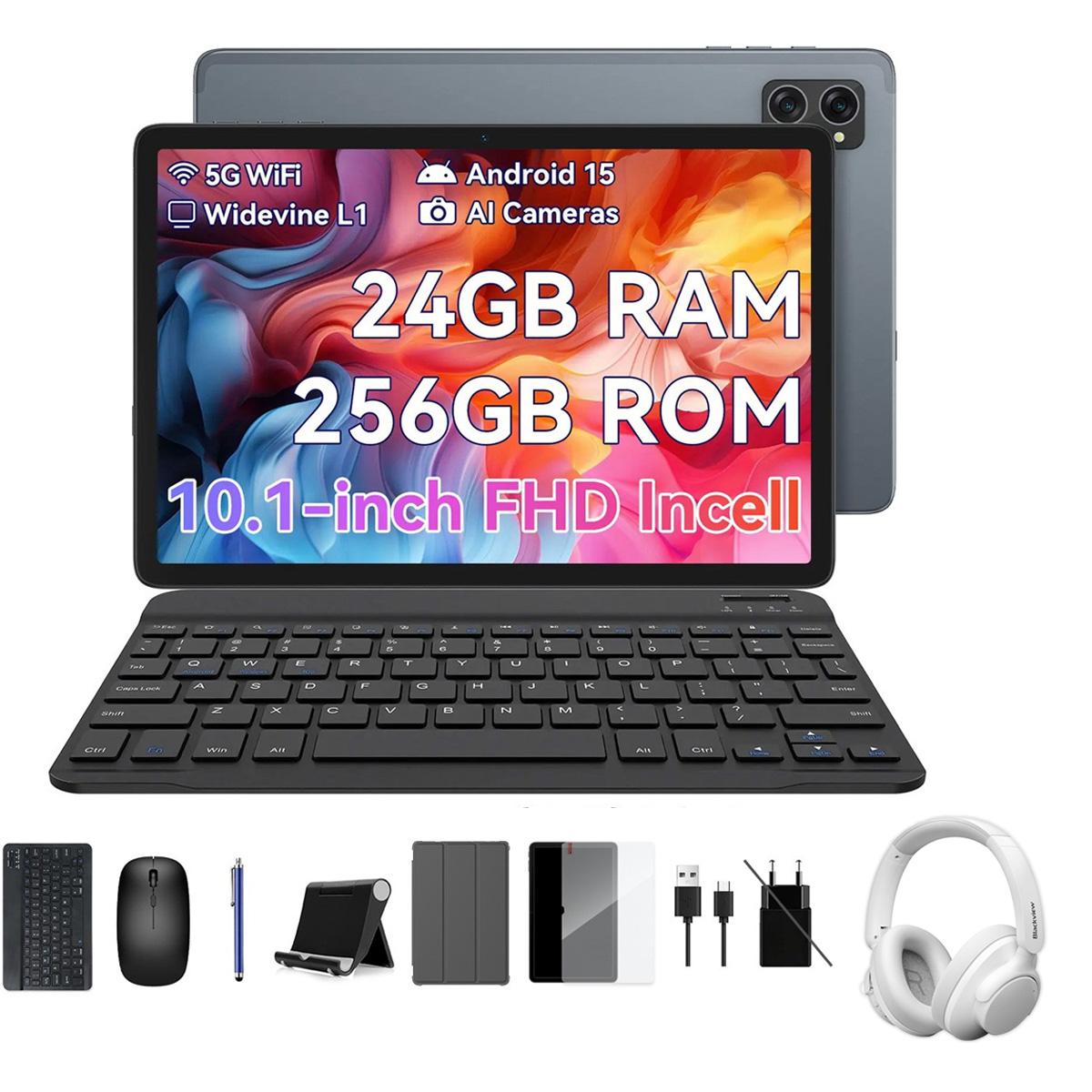 TABWEE T20 Android 16 24GB RAM 256GB ROM Tablet 10 Zoll 1280x 800 FHD FHD Display Octa Core T606 PC Tablet mit Tastatur with 1*FitBuds H1 white grau