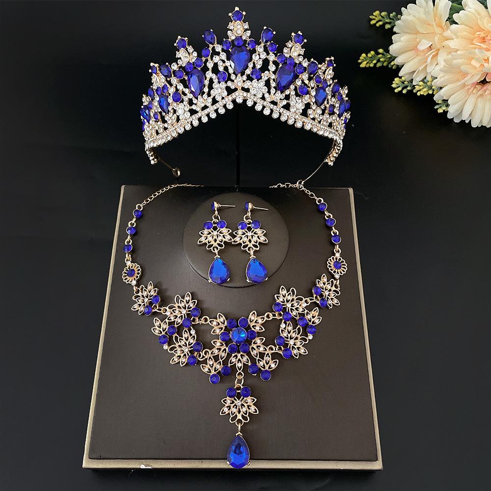 Brautkrone Dreiteiler Hochzeitskrone Tiara Halskette Ohrringe Koreanische Superfee Hochzeitskleid-Accessoires