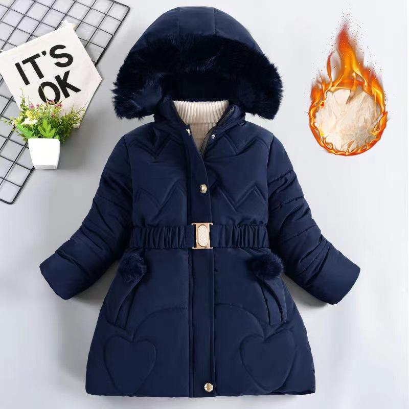 Wintermantel für Mädchen, warm, verdickt, Kinderjacke, mit Kapuze, Reißverschluss, Pelzkragen, Prinzessinnen-Oberbekleidung, Kinderkleidung, 4 5 6 8 10 Jahre 110 navy blau