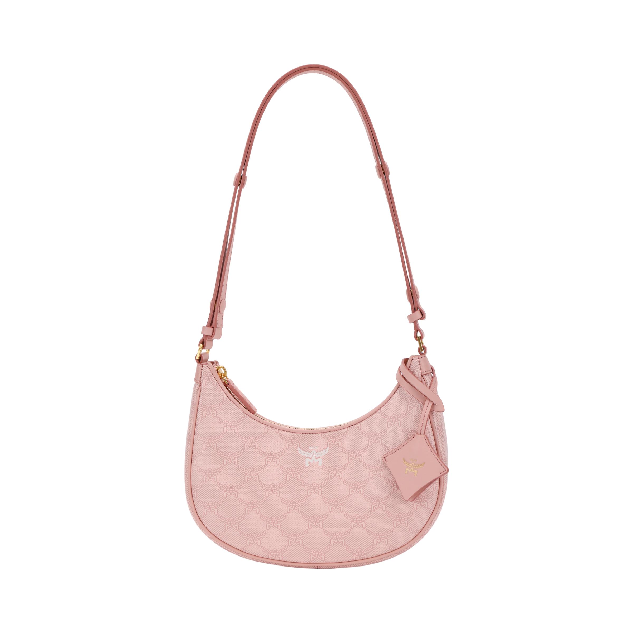 MCM Sichelmond Print Logo Beschichtetes Canvas und Leder Neumond Hobo Umhängetasche Kleine Damen Taschen Pink MWHFSAC02P6001 Basic Set (Bag+Dust Bag)