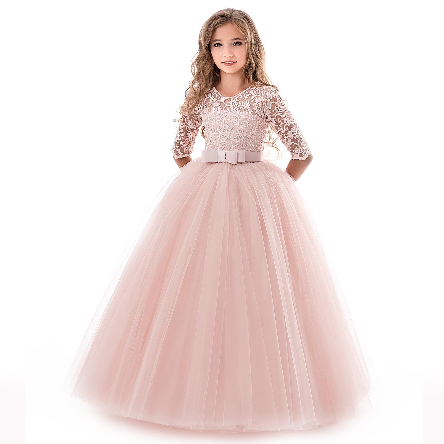 Kinder 3-14 Jahre Prinzessin Partykleid Spitze Lange Ärmel Atmungsaktiv Langer Rock Hochzeit Blumenmädchen Kleid Abend Tutu Kleider 140cm
