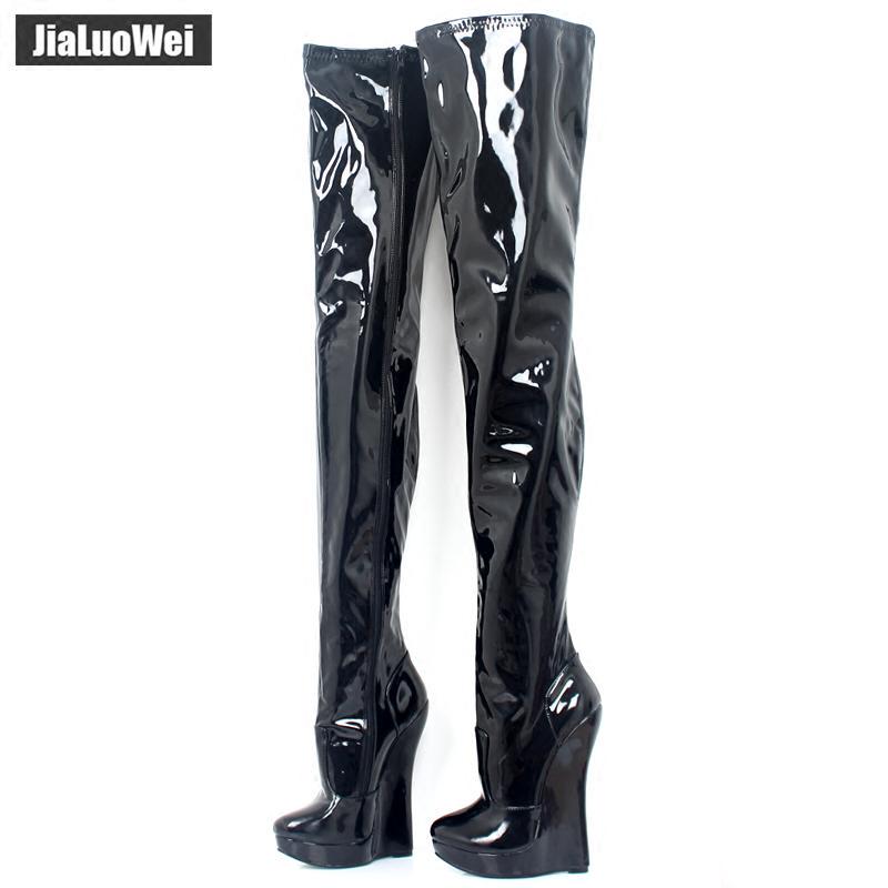 18 cm hohe Keilabsatz-Stiefel, Plattform, sexy Fetisch, SM, atemberaubende schlanke Overknee-Oberschenkelhohe Stiefel, Unisex, Übergröße 36–46 40 schwarz