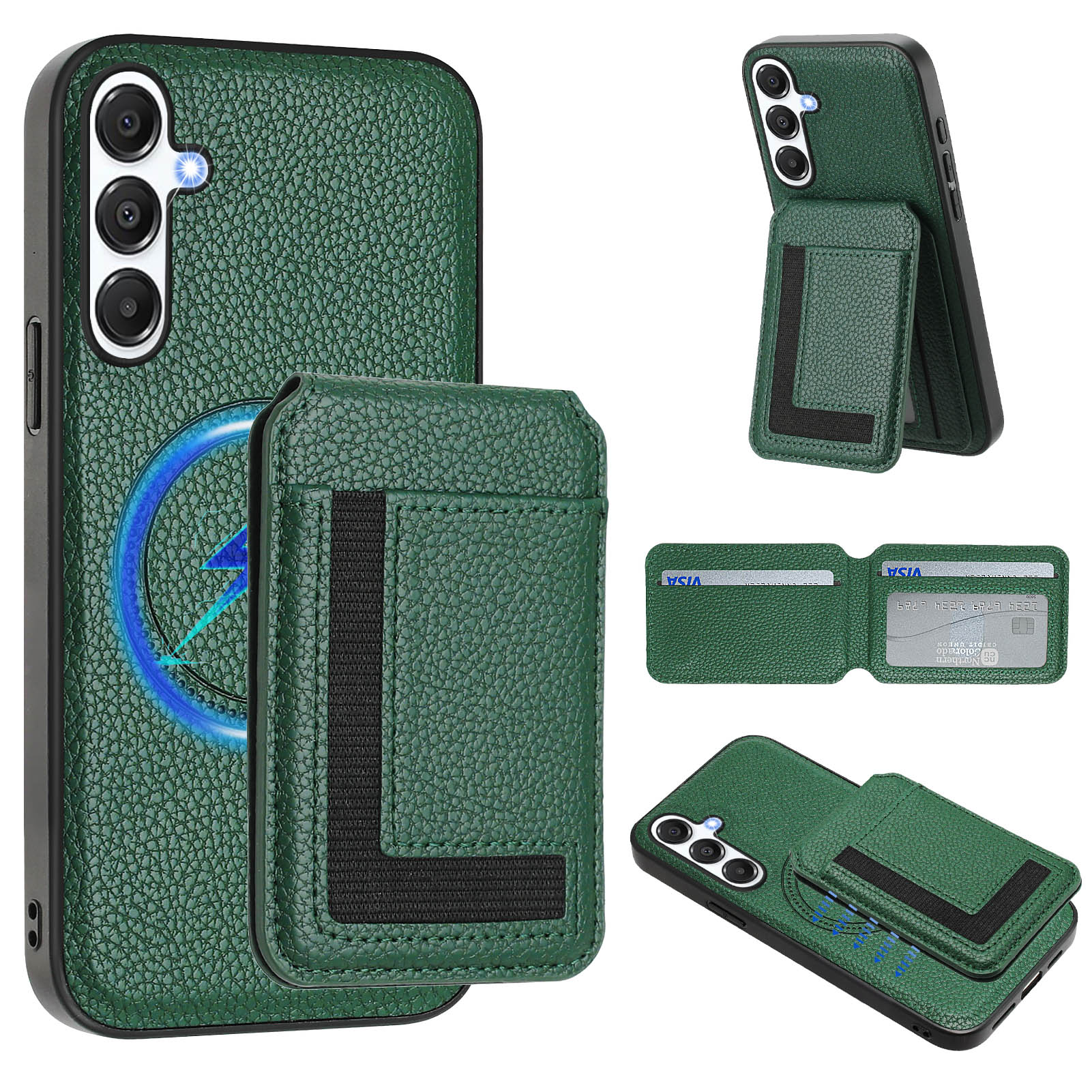 Magsafe 2 in 1 Abnehmbare Samsung-Brieftaschenhülle mit Kartenhalter Magnetischer Ständer PU-Leder-Klapphülle für Samsung Galaxy A26 A56 A36 A16 A06 M35 A55 Samsung Galaxy A55 5G dunkelgrüne