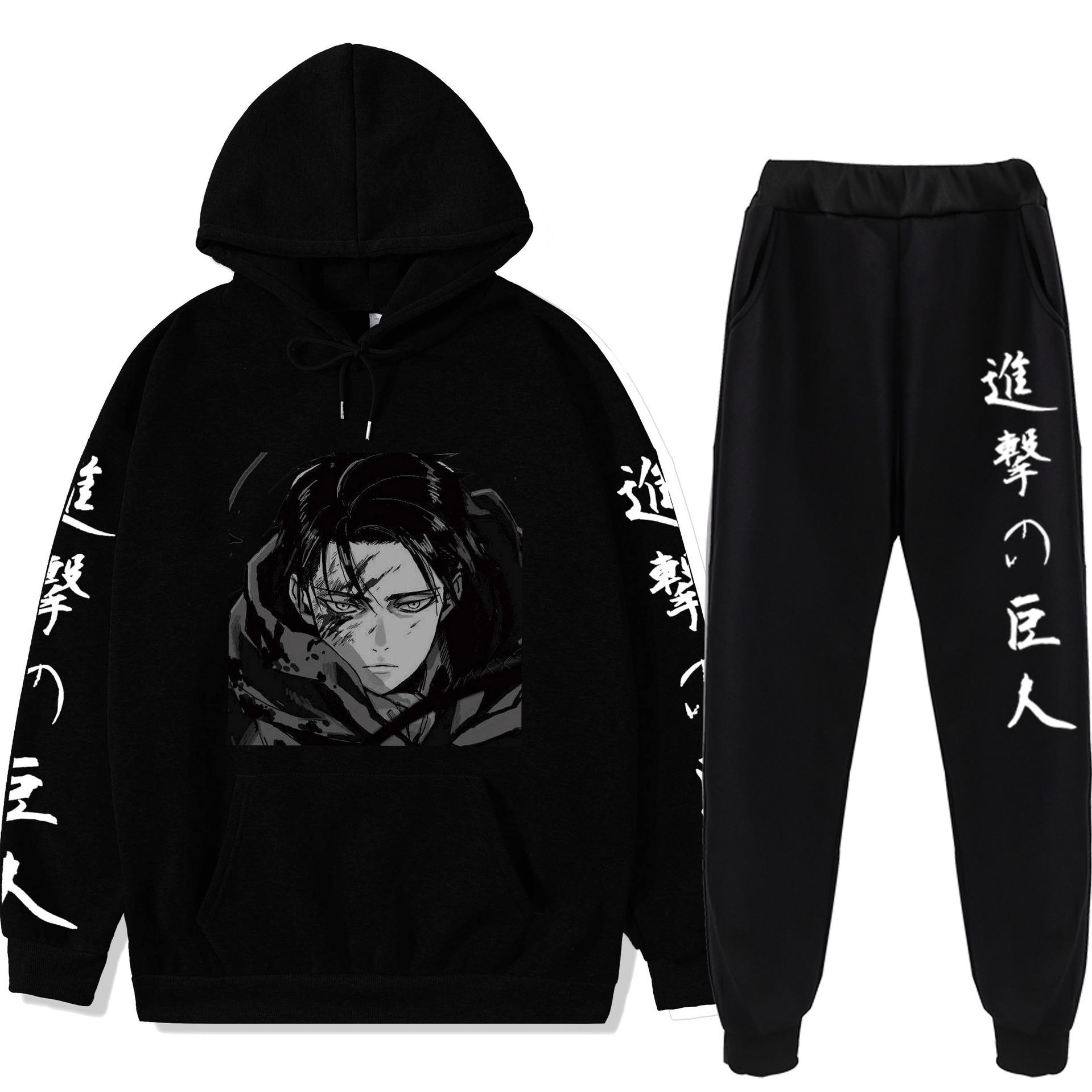 Plus Größe Angriff Riesen Hoodies Hosen Sets Anime Anzug Sweatshirt Streetwear Männer Pullover Anzug Trainingsanzug Sportwear Frühling Herbst XS schwarz