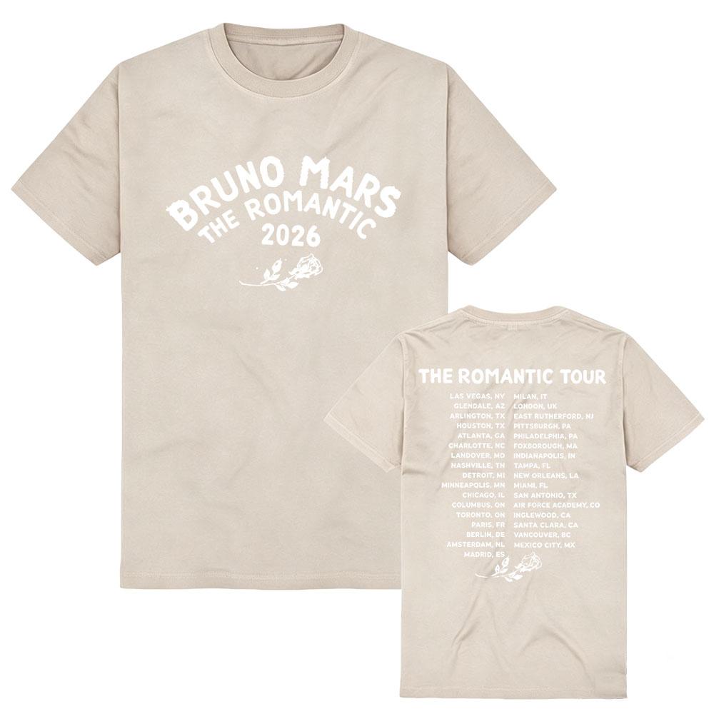 BRUNO MARS The Romantic Tour T-Shirts Kurzarm Baumwoll-T-Shirts Sommer Damen-T-Shirts Unisex Streetwear Lässiges T-Shirt mit Grafikdruck XS white
