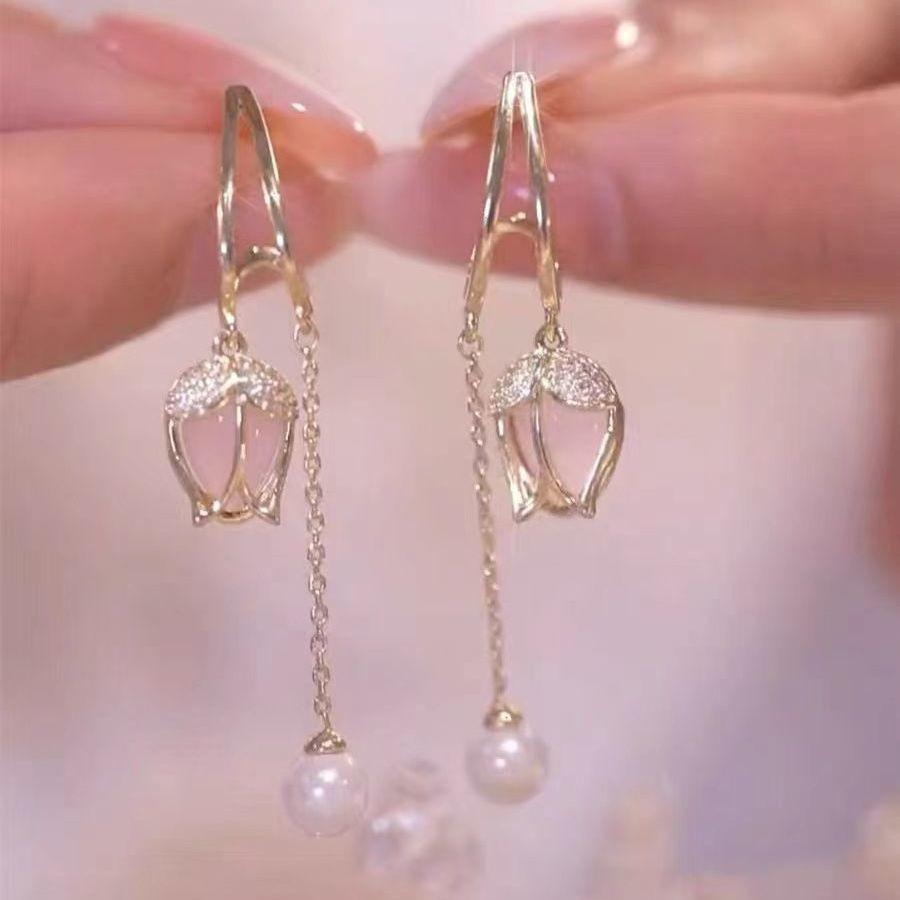 Exquisite Mode Rosa Tulpe Blume Ohrringe Perle Fransen Lange Ohrringe Braut Hochzeit Ohrringe Geburtstag Party Schmuck