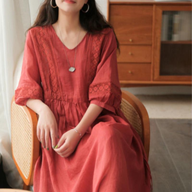 Damen V-Ausschnitt Baumwollleinenkleid Damen Einfarbig Spitze Ramie Puffärmel A-Linie Lockere Kleider Damen Kleidung 2XL rot