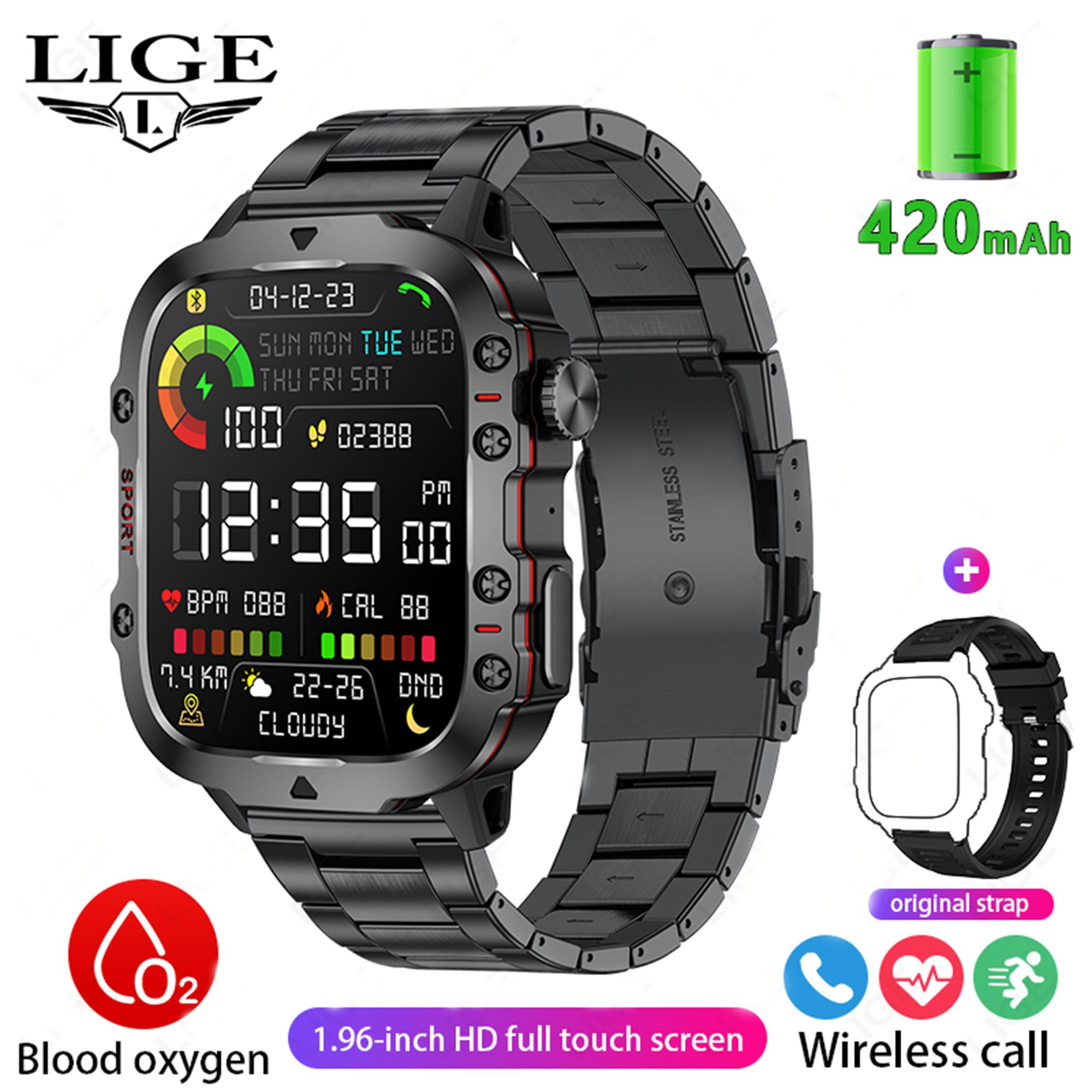 LIGE 1,96-Zoll-HD-Smartwatch mit quadratischem Bildschirm, kontinuierliche Herzfrequenz-Gesundheitserkennung, Smart-Armband, Outdoor-Sport, wasserdichte Fitness-Smartwatch Steel strap schwarz