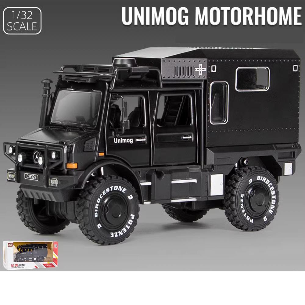 Benz Unimog-Modellauto aus Legierung im Maßstab 1/32 mit Ton und Licht, Automodell mit Rückzugfunktion für Kinderspielzeug, Partygeschenke, Sammlerstück 1/32-Size:18.8*6.7*10.5cm schwarz