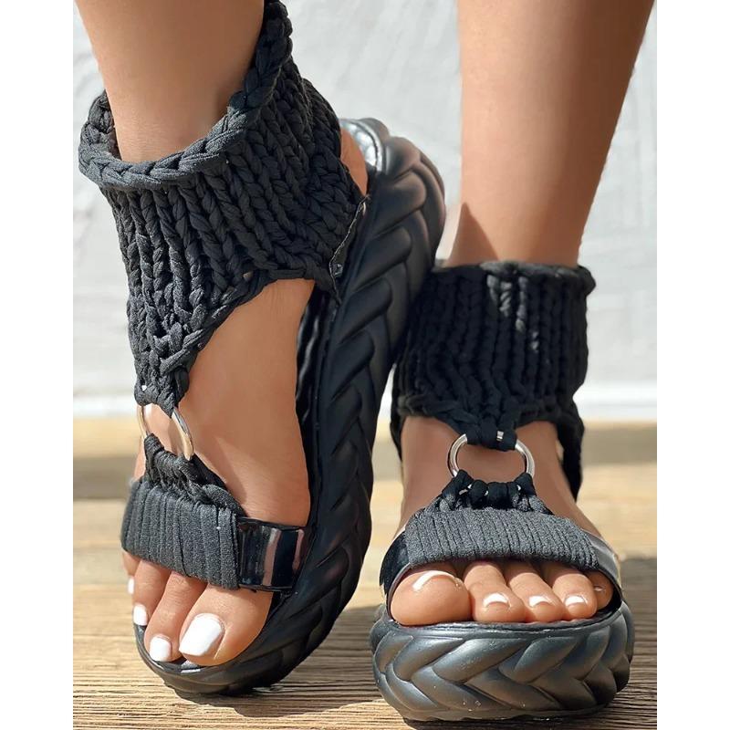 Sandalen Damen Sommer Damenmode Sexy Strandbekleidung Flache Schuhe Einfarbig Geflochten Strick O-Ring Ausschnitt Plateausandalen 42 schwarz