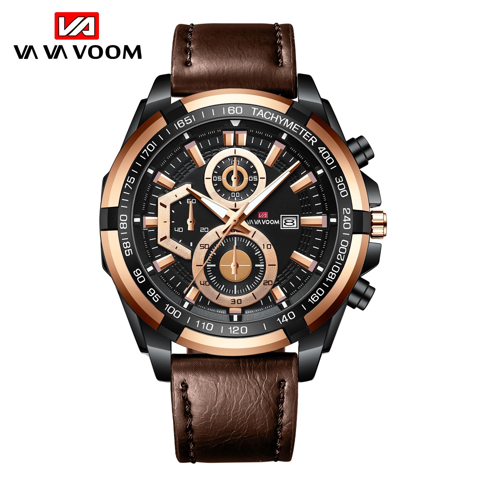 VA VA VOOM Herrenuhr Top-marke Luxus Sport Quarz Herrenuhren Voller Stahl Wasserdicht Chronograph Armbanduhr Männer Relogio Masculino Leather strap rose gold/braun
