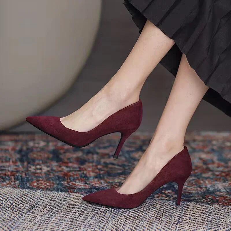 Mode Sexy Spitzschuhe High Heels Schuhe Damen Flache Büro Pumps Schuhe Frühling Wildleder Mode Elegant 2024 Mujer Neue Stilettos 39 wein rot