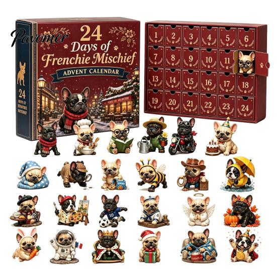 Haustier-Themen-Weihnachtsgeschenke Französische Bulldogge Adventskalender, 24-Tage-Weihnachts-Countdown Acryl-Anhänger, Sammlerstück Dekorative Französische Bulldogge Charms Figur black