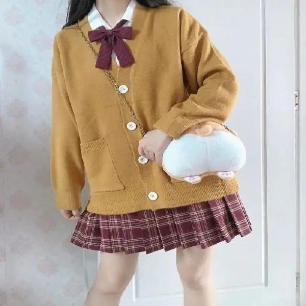 Original JK Uniform Set Top College Style Knitted Sweater Cardigan Wool Jacket Soft and Slim Fit Sweater XXXL gelb