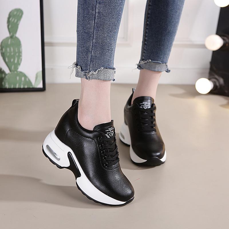 Fujin Echtes Leder Weiß Bequeme Höhe Turnschuhe Frauen Heels Casual Schuhe Plattform Turnschuhe Keil Weiße Schuhe Erhöhen Schuhe 38 schwarz