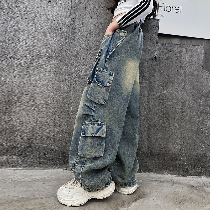 Retro Cargo Jeans Mädchen Frühling Locker Beiläufige Kinder Weite Bein Hosen Design Streetwear Hosen 170cm blau
