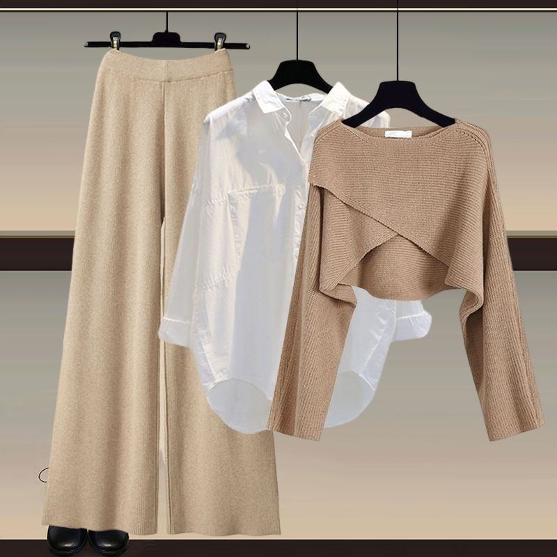 Herbst und Winter Damen Strickpullover Dreiteilige Hose Lockere Bluse Hemd Pullover und Hose mit weitem Bein und hoher Taille Vintage Lässiges dreiteiliges Set L khaki/kaffeebraun