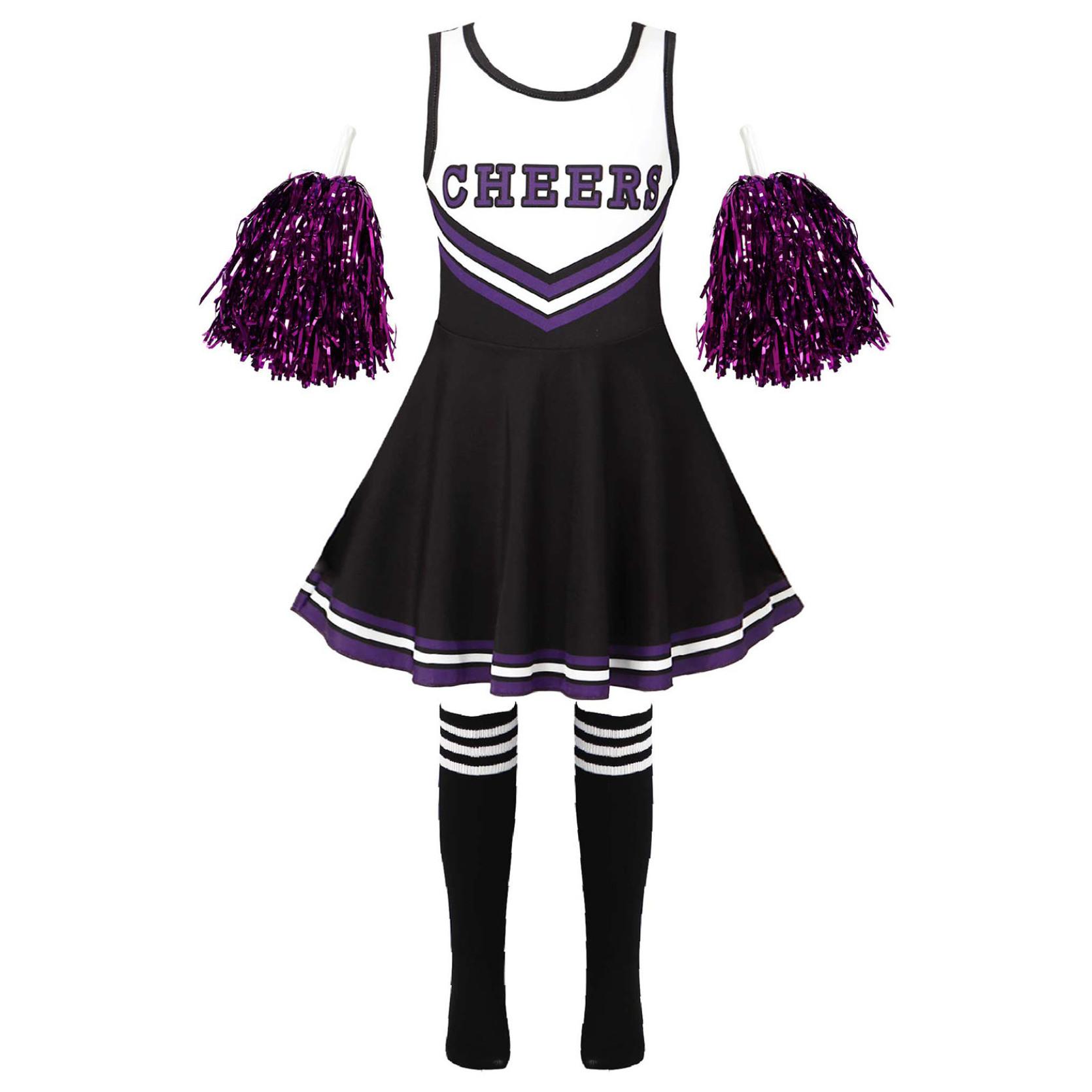 Mädchen Cheerleading Uniform Tanzkostüm Kinder Cheerleader Outfit Rundhalsausschnitt Patchwork Stil Tanzkleid Blume und Socken 3-4 Years schwarz