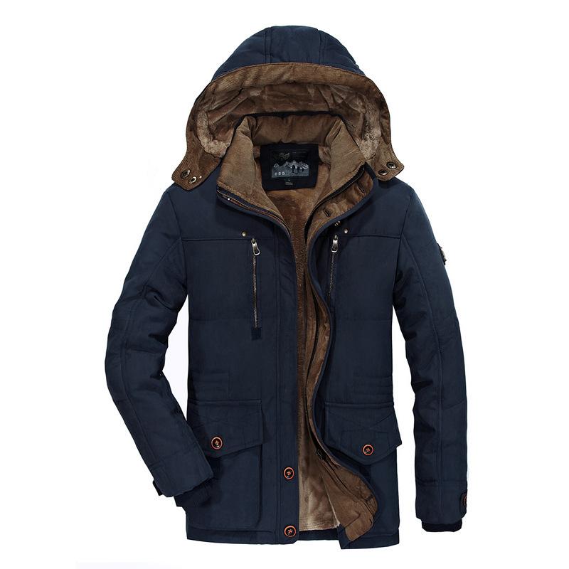 Gute Qualität Wintermäntel für Herren mit mehreren Taschen, Cargo-Jacken, lange Wintermäntel, Daunenjacken mit Kapuze, lässige warme Parkas, Größe 7XL XXXXXL blau