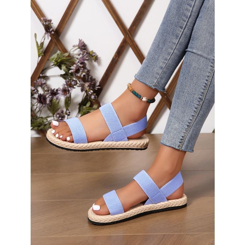 Elastisches Band Kreuz Flache Damen Sandalen, Damen Sommer Outdoor Bekleidung, Imitation Gras Gewebt Leinen Römische Sandalen 43