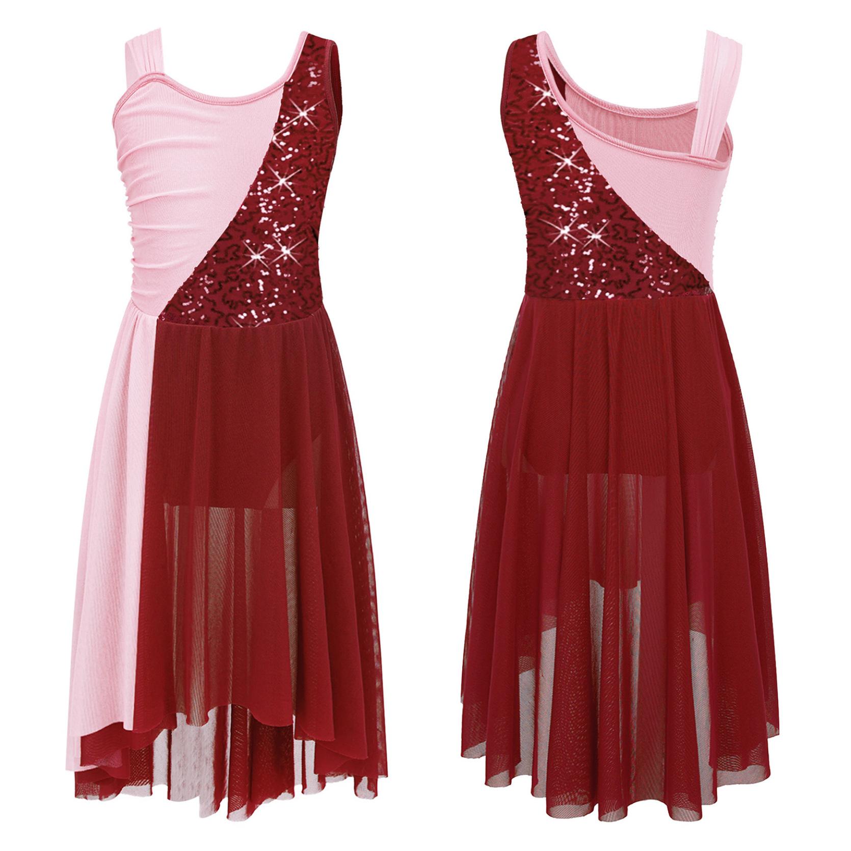 Kinder Mädchen ärmellose Chiffon Lyrical Dance Kostüme Farbblock Trikot Kleid moderne zeitgenössische Kleider 15-16 Years bordeaux