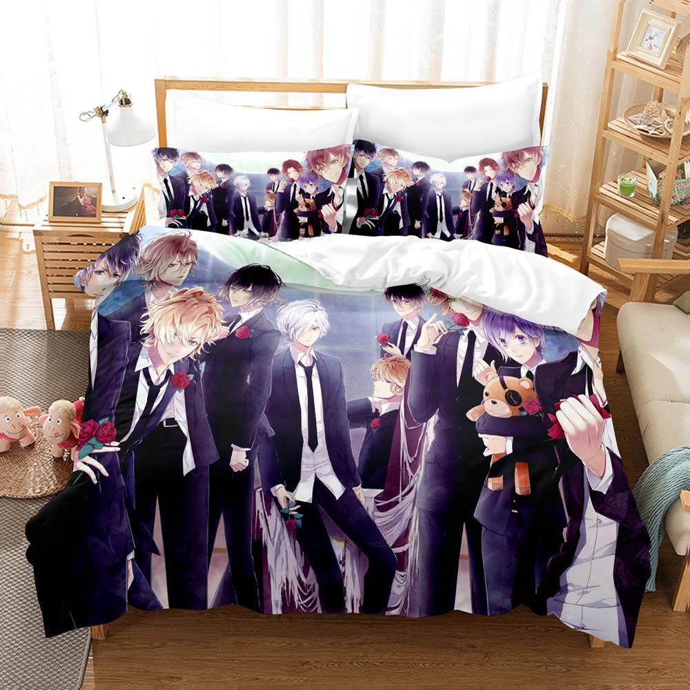 Spiel Diabolik Lovers Bettwäsche-Set, Einzelbett, Doppelbett, Queensize-Bett, Kingsize-Bett, Bettbezug-Set für Erwachsene und Kinder, Anime-Bettlaken-Set EU Twin 135x200cm