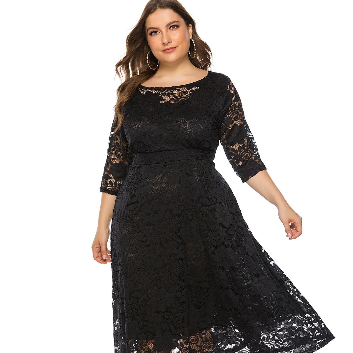 Plus Größe Xl-6xl Neue Mode Beliebte Abendkleid Mittlerer Länge Hohle Spitze Frauen Kleider Rot Weiß Schwarz Blau Grün Kleidung 4XL schwarz