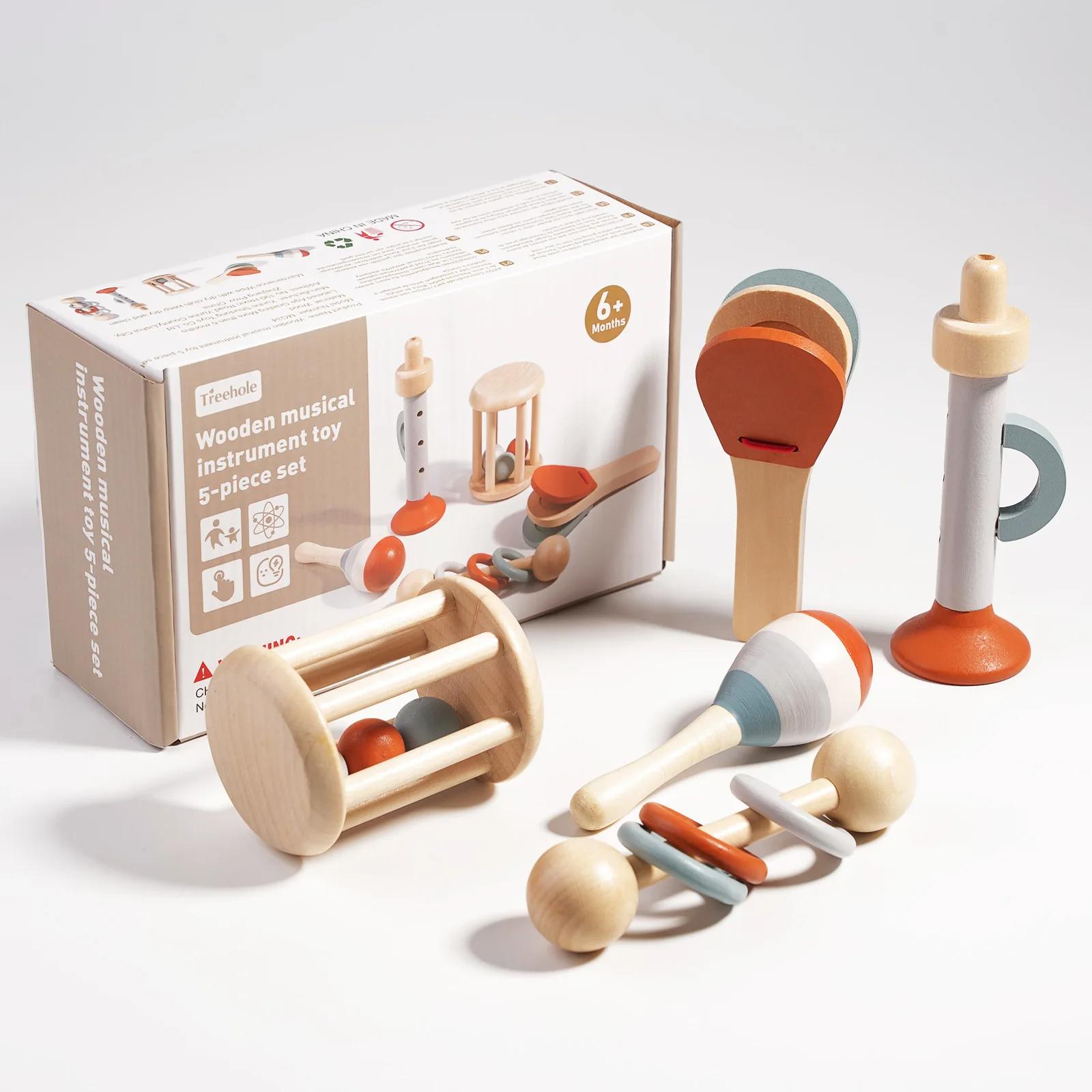 5 Stück Orff Musikinstrument Spielzeug Set Holz Kastagnetten Rassel Musik Spielzeug Pädagogisch Montessori Spielzeug für Kinder Geschenk